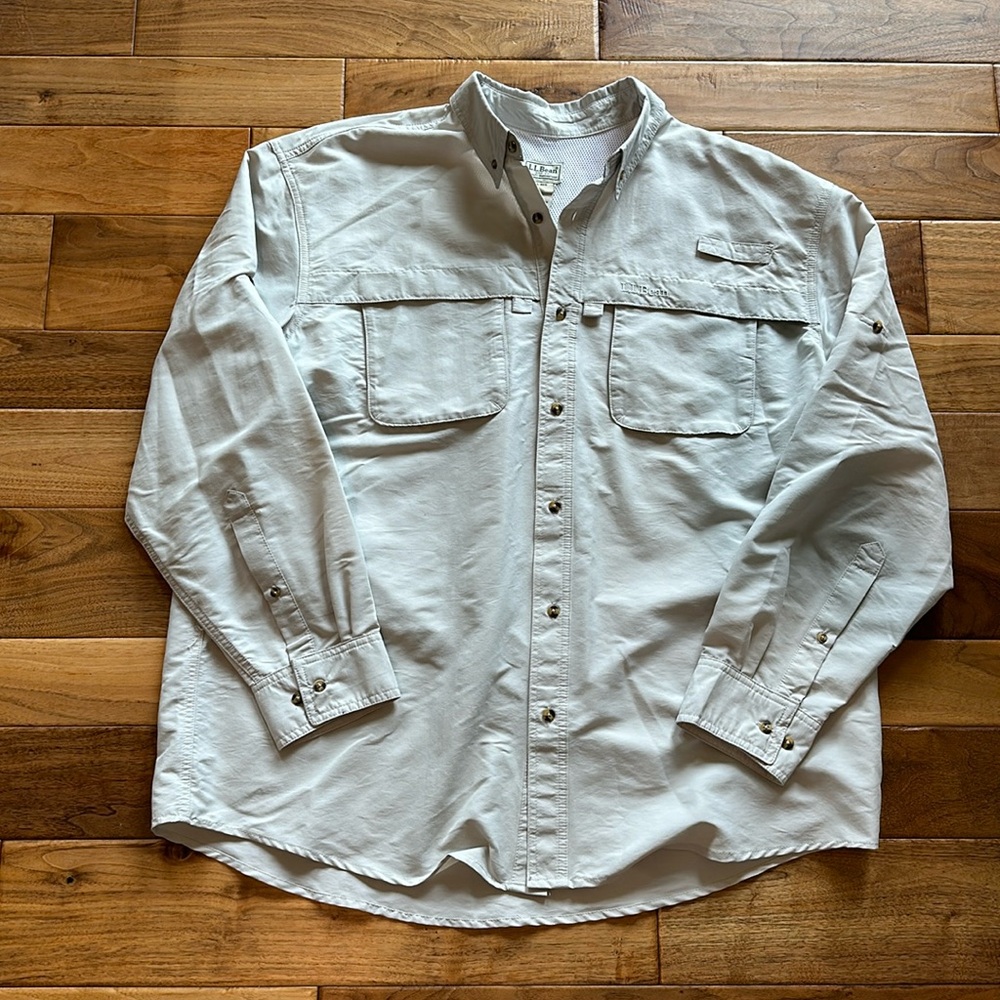 LL Bean fishing camp shirt.